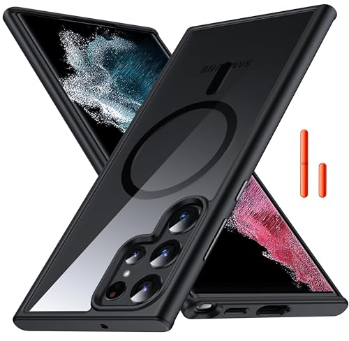[NO.1 Magnetisch] für Samsung Galaxy S22 Ultra Hülle mit MagSafe [Transparent Anti-Gelb][Militär Stoßfest][Durchsichtig Hardcase] mit Silikon Bumper Handyhülle für Galaxy S22 Ultra Case Dünn, Schwarz