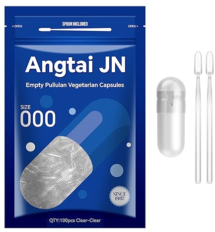 Angtai JN Gélule vide végétale,Pullulan Capsules Taille 000 (100 unités) Gélules Vides à Remplir avec Micro Cuillère,Certifié Casher,Halal,Compatible avec la machine de remplissage de capsule 000
