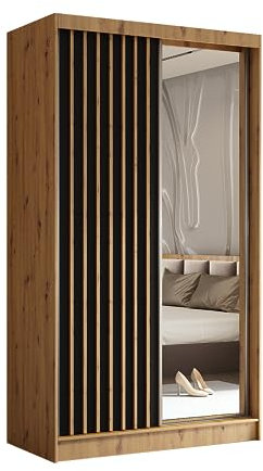 Margaret Hadas24 Kleiderschrank Erika mit Lamellen und Spiegel, Organizer, Mehrzweckschrank, Schwebetürenschrank, Garderobenschrank, Kleiderstange, Kleiderständer, Flurschrank, 120 cm, braun, schwarz,