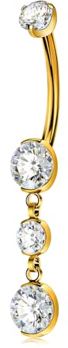 OUFER Body Piercing Internally Nabelpiercing Titan 16mm Bauchnabelpiercing Gold Dangle Navel Piercing Jewellery 14G Belly Bars Clear CZ Nave Bars Piercing Jewellery