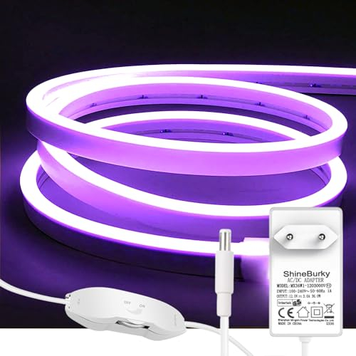 ShineBurky 5M Neon LED Strip Rosa Lila, 12V Neon LED Streifen Dimmbar Flexibel Wasserdicht IP65 Lichtleiste Silikon LED Neon Lichtband für Wohnzimmer Schlafzimmer Wand Deko DIY (Inklusive Netzteil)