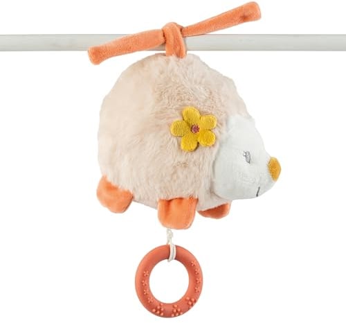 Nattou Mini Aktiv-Kuscheltier aus Baumwolle und Velours, Mit Musik und Silikonring, Igel Zoë, Ca. 17 cm breit, Mila, Zoë und Lana, Beige