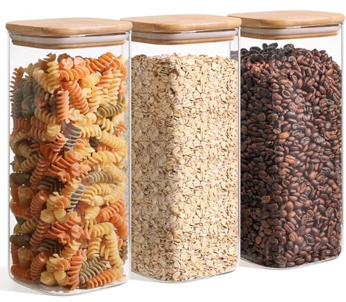 ComSaf 61oz Glass Storage Containers with Lids, Glass Jars with Bamboo Lids, Clear Food Storage Jar, Square Glass Canister Set of 3, Pantry Organizers and Storage for Flour Rice Pasta Tea Coffee Bean