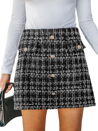 CUPSHE Damen Rock Hoher Bund Knöpfen Tweed Karo Minirock High Waist Kurz Karierter Freizeitrock Elegant Mini Short Skirt Schwarz XL