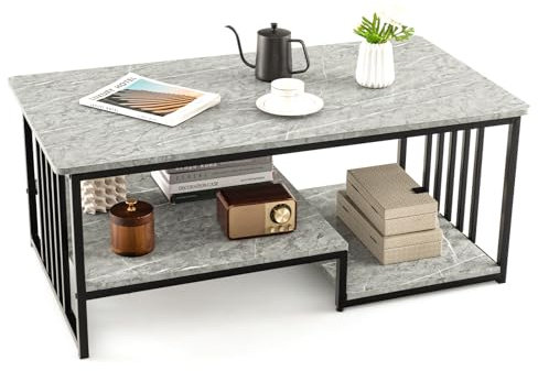CASART Rectangular Faux Marble Coffee Table, 3-Tier Center Table with Storage Shelves, Metal Frame Sofa Accent End Table for Home Living Room Office, 110 x 60 x 45cm (Grey+Black)