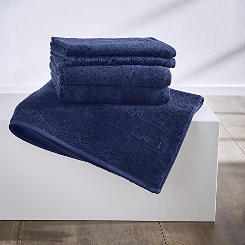 LOOKS by Wolfgang Joop Handtuch Set 5tlg. - 100% Baumwolle, 2 Gästehandtücher + 2 Handtücher + 1 Duschtuch mit Logostick, blau