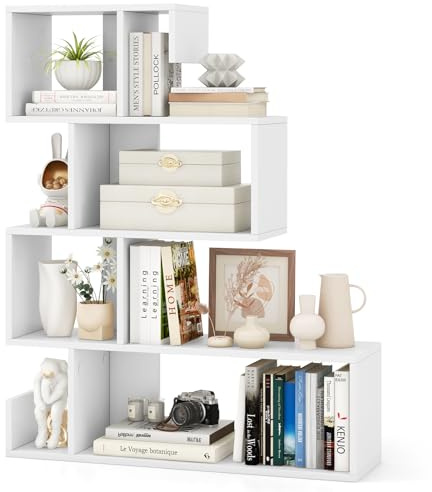 RELAX4LIFE Libreria a Forma di S, Libreria a Gradini Autonoma con Kit Antiribaltamento, Libreria a Scala, Espositore a Scala a 5 Ripiani per Soggiorno Ufficio Casa, Nero/Bianco (Bianco)