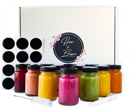 House of Blossom 12 Stück Shot Flaschen zum Befüllen Glas 60ml • Shotgläser mit Deckel, Rezeptheft, Etiketten und Stift • Kleine Glasflaschen zum Befüllen für Ingwer Shot, Gewürze und Likör