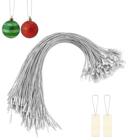 Qiuyan 100 PCS Christmas Tree Ornament Hanger Strings Snap Fastener Tag Cord Precut Ribbon Hook Xmas Ornament Hanging Loop for Christmas Tree Decorations Baubles Gift Tag (Silver)