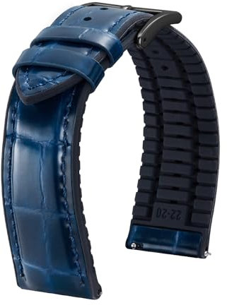 BINLUN Leather Watch Strap 22mm Premium Alligator Pattern Quick Release Band Leather and Breathable Silicone Hybrid Watch Bands Replacement Strap for Men Women(Blue,Black Buckle)