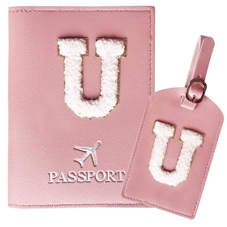 ZVRSUA Reisepasshülle Rosa und Kofferanhänger Set mit Buchstabe U, Passport Hülle Reise Gadgets und Travel Essentials Hülle Reisepass,Geschenk für Frauen, Teenager, Mädchen,Kind(U)