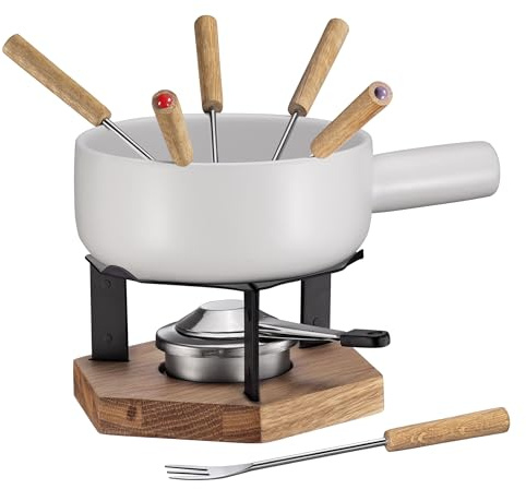SPRING Käsefondue-Set WINTERTHUR weiß, Keramiktopf 20 cm, 6 Gabeln | Keramik-Fonduetopf, Eichenholz-Rechaud, für Käsefondue, 6-teiliges Set, matt glasiert, geselliges Essen