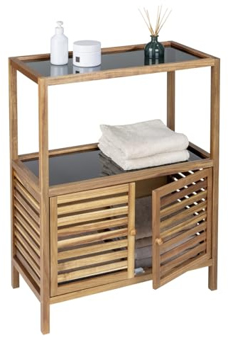 WENKO Badregal Mod. Fondi freistehendes Regal mit Türen und Etagen aus massivem Akazienholz für Badezimmer oder Wohnbereich mit schwarzen Glasböden viel Stauraum 67,5 x 86 x 35,5 cm Braun