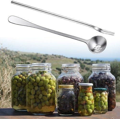 2 Pack Olive Spoon and Pickle Fork Set - 304 Stainless Steel Long Handle Pick Jar Serving Spoon with Drain Hole - Food Picker for Pickle Cucumber Arugula (2 Pack)