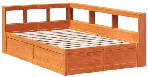 vidaXL Massivholzbett mit Regal ohne Matratze Wachsbraun 120x200 cm, Holzbett mit Regal, Massivholzbett mit Regal, Bett, Holzbett mit Bücherregal