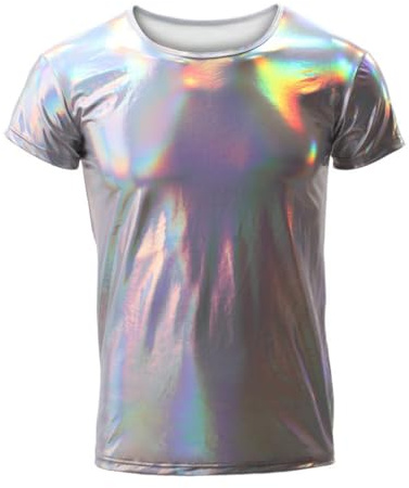RuiChy Herren glänzende metallische T-Shirts, kurze Ärmel-Oberteile für Clubwear, 70er Jahre 80er Disco Crew Hals Solid Muscle Top, Slim Fit Casual Pullovers für Party Festival Dance Nightclub Kostüm