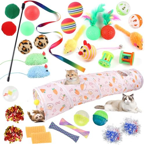 Geila Interaktives Katzenspielzeug für den Innenbereich, einschließlich faltbarem Katzentunnel, Kätzchenspielzeug, Katzenspielzeug, Maus, Spielzeug, gewebte Feder (32-teiliges Karotten-Set)