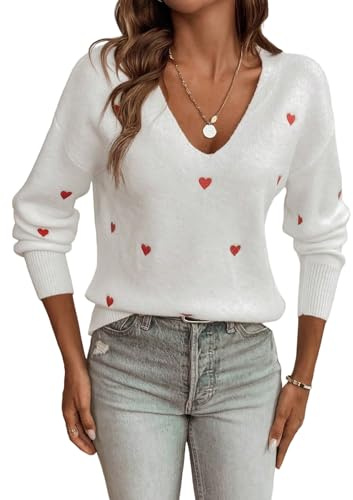 GORGLITTER Pullover Damen Elegant Langarm V-Ausschnitt Strickpullover Langarmshirt mit Herzmuster Strick Tops Winterpullover Pulli Herbst Winter Weiß M
