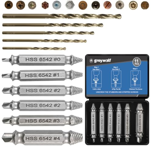 Greywolf 11 pcs Damaged Screw Extractor Set, 6 PCS HSS 6542 Screw Extractor Remover Kit and 5 pcs HSSM35 cobalt Drill Bit Set, Bolt Extractor Kit for Damaged, Broken, Stripped Screws