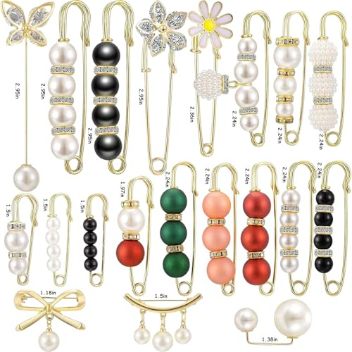 20PCS Pearl Brooch Pins, 20 Styles Sweater Shawl Pins Clips, Faux Pearl Brooches, Collar Safety Pin, Waist Tightener Safety Pins for Women Girls Clothing Dresses Decoration Accessories