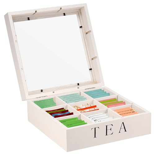 9 Compartment Tea Box Organiser with Transparent Lid, Wooden Kitchen Tea Bag Storage Box for Organizing Spice Pouches and Sugar Packets 23 x 23 x 9 cm (White)