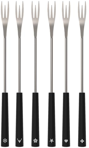 Kisag 2IN1 Fondue Gabeln Set 6 Personen Schwarz, Edelstahl-Gabeln (26,5 cm) für Käsefondue & Fleischfondue, spülmaschinengeeignet, mit Griff-Piktogrammen zur Unterscheidung, langlebig, hygienisch