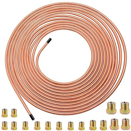 Uoimky 7,62m Auto Kupfer Bremsleitung, 3/16 Zoll (4,75 mm) Bremsleitung mit 16 Muttern Kupferbeschichtung Bremsleitungsschlauch Bremsrohr Auto Ersatz Bremsleitungssatz