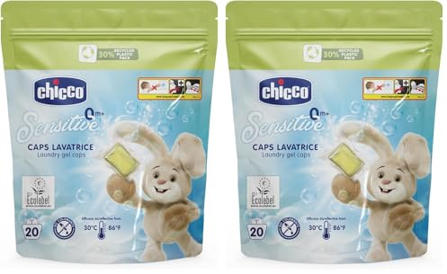 Chicco Caps Lavatrice, Detersivo Lavatrice in Capsule, Rimuove Macchie e Odori, per Lavaggi a Mano e in Lavatrice a Basse e Alte Temperature, Ipoallergenico e Dermatologicamente Testato, 20 Capsule