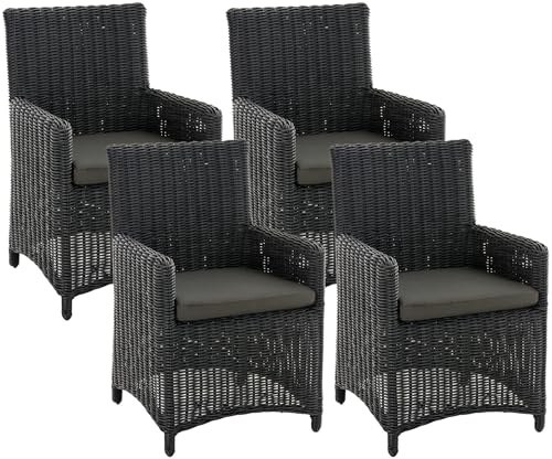 CLP Gartenstuhl 4er Set Fontana, Polyrattan Gartenstühle, Hochlehner mit Sitzkissen, Wetterfeste Garten-Sessel mit Armlehnen, Outdoor Stuhlset, Farbe:schwarz, Polsterfarbe:Anthrazit