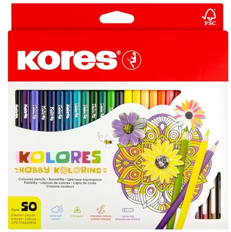 Kores BB93350 - Kolores: 50 Farbstifte für Kinder, Anfänger und Erwachsene mit weicher Mine und dreieckiger Form, Set von 50 Ausgewählten Farben Buntstifte