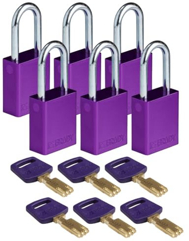 Brady SafeKey Vorhängeschloss Aluminium 6er-Pack - Lockout Schloss mit Schlüssel - Lockout Tagout Sicherheitsschloss für innen und außen - Bügelhöhe 38.10 mm - Verschiedenschließend - Lila