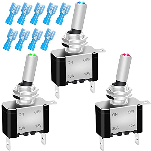 Gebildet 3pcs DC12V-24V 20A LED Interrupteur à Bascule (Rouge,Vert,Bleue),on/Off 2 Positions 3 Broches SPST Métal Interrupteur à Levier,Utilisé pour la Voiture Auto Camion Bateau