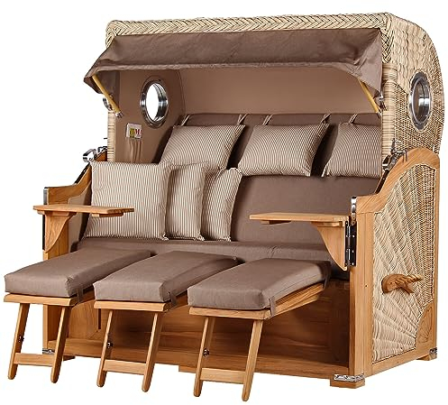 bene living Strandkorb Königssee Dreisitzer Teak Bullauge - PE Shell - Modell 534 - inkl. Liftersystem
