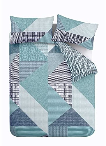 Catherine Lansfield Larsson Geo Reversible King Duvet Cover Set with Pillowcase Teal Green