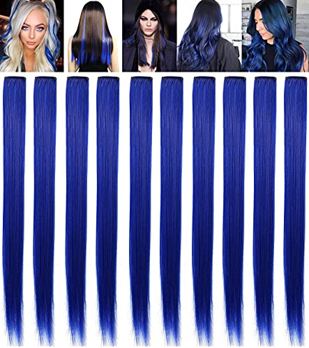 LSKJMO 10PCS 20 inch Blue Hair Extensions Clip in Colored Hair Extensions for Girls Wig Pieces for Women Colorful Party Highlights Straight Synthetic Blue Hairpieces