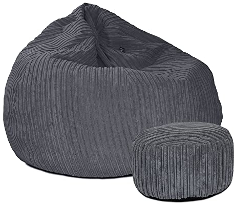 rucomfy Beanbags Slouchbag Large Corduroy Bean Bag Chair - Adult Bean Bag with Filling - Home Furniture Seating for Living Room or Bedroom - Machine Washable - 80 x 110cm (Slate Grey, with Footstool)