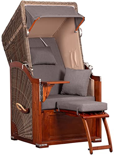 MR. DEKO® Strandkorb Seeblick Single Mahagoniholz 1-Sitzer | PE Geflecht Grey | Volllieger verstellbar mit Fußablage | inkl. 2 Kissen & Wechselpolster | Strandkörbe fertig montiert | Bezug Dessin 551