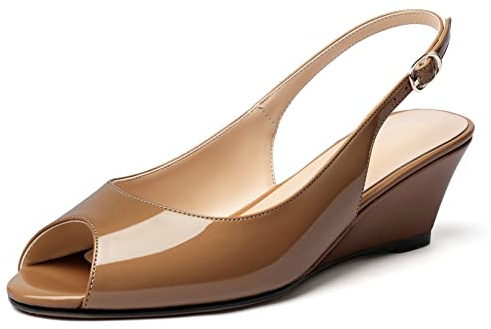 Elashe Damen Pumps Keilabsatz Peeptoe Mid Heels Slingback Bequeme Abendschuhe Braun EU39