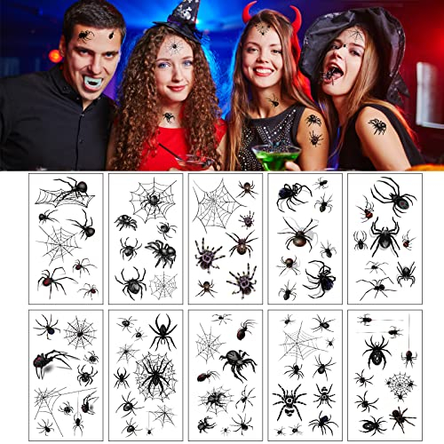 VIKY 10 Blätter Halloween Schwarz Spinnen Tattoos, Fake Tattoos Spinnennetz Gesicht Temporäre Tattoo für Halloween Cosplay Masquerade Klebetattoos
