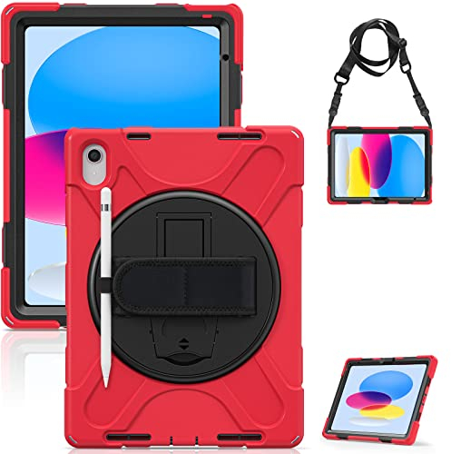 Gerutek Hülle für iPad (A16) 11./10. Generation 11/10,9 Zoll 2025/2022, Stoßfeste Robust Schutzhülle mit Drehbar Stände, Stifthalter, Handschlaufe Schultergurt Panzerhülle für iPad 11./10. Gen, Rot