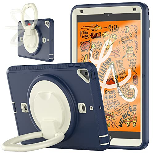 V-MOTA 7.9 Inch Flat Protect Compatible with iPad Mini 4 2015 / Mini 5 2019,Mini 4th / 5th Rugged Heavy Duty Shockproof Rotatable Kickstand Bracelet Protective Cover (Beige+Navy Blue)