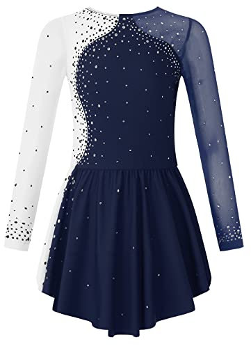 ranrann Enfant Fille Robe Patinage Artistique Manches Longues Strass Brillant Justaucorps Gymnastique Bodysuit Sport Costume Spectacle 5-16 Ans A Bleu Marine 13-14 Ans