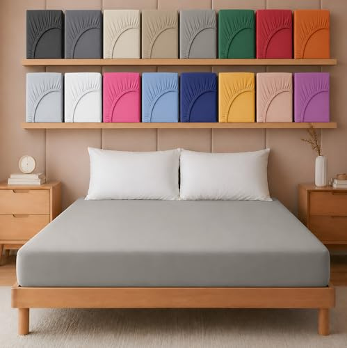 Hafaa Super King Fitted Sheet – Grey Soft Brushed Microfibre 25 cm Deep Elastic Fitted Bed Sheet – Easy Care & Breathable (180 x 200 cm)