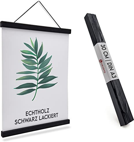 LIKARTO Premium-Posterleiste Holz Schwarz A3 | 30 cm - Hochwertige magnetische Bilderleiste aus Echtholz inklusive Lederband - Einfaches Bilder aufhängen…