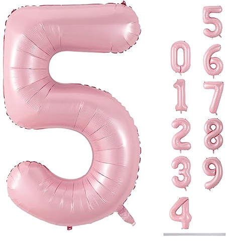 Light Pink Balloon Number 5, 40 Inch Large Self Inflating Foil Number Balloons 0-9, Pastel Pink Digital 5 Helium Balloon for 5th Girls Women Birthday Party Graduation Anniversary Decorations