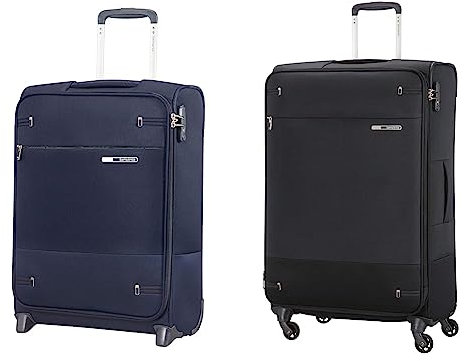 Samsonite Base Boost Upright S Bagaglio a Mano, 55 cm, 41 L, Serratura TSA, Blu (Navy Blue) & Base Boost Spinner L Valigia Espandibile.78 cm, 105/112.5 Litri, Nero (Black)