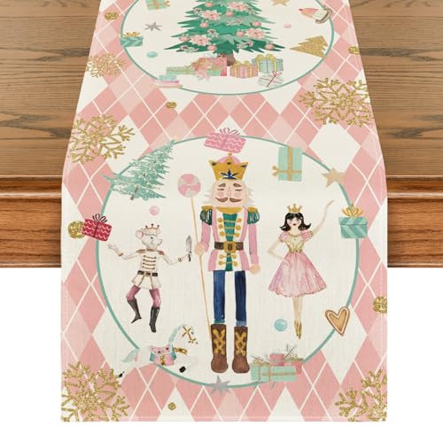 Artoid Mode Rosa Nussknacker Diamant Plaid Weihnachten Tischläufer, Winter Küche Tisch Dekoration Drinnen Urlaub Party Dekor 40x180 cm