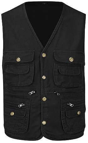 YOUTHUP Men's Multi Pocket Gilet Outdoor Fishing Vest Cotton Photography Hunting Safari Waistcoat Utility Sleeveless Jacket,Black,L