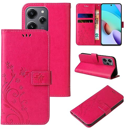 LBH Handy Hülle für Xiaomi Redmi 12 Case Handytasche Schmetterling Blumen Flower Standfunktion Schutzhülle Magnet Rundum Schutz 360 Grad Flipcase Cover Pink
