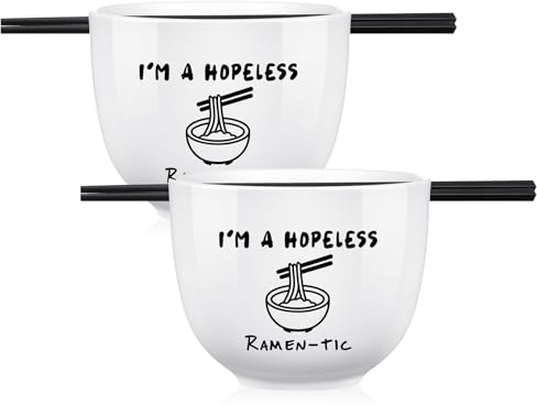 Nitial 2 Pack Ramen Noodle Bowl Funny Ramen Bowl 4.92 Inch Japanese Ceramic Ramen Noodle Bowl and Chopstick for Asian Food Dish Kitchen Dinnerware (Hopeless Ramentic) (YUR-Nitial-57)